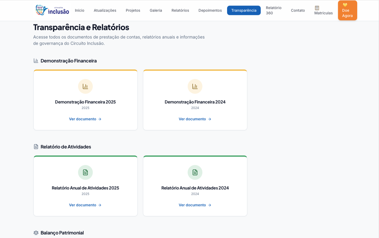 Portal Circuito Inclusão Transparente com dados institucionais e prestação de contas