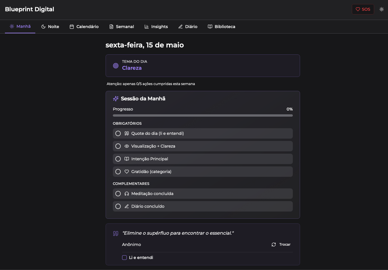 Blueprint visual de jornada pessoal com diagnóstico e prioridades