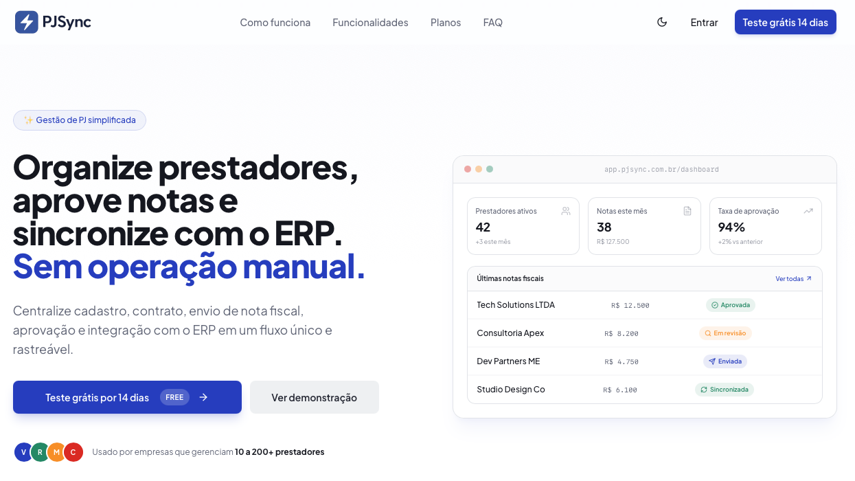 Workflow do PJSync com documentos, contratos e alertas de obrigações