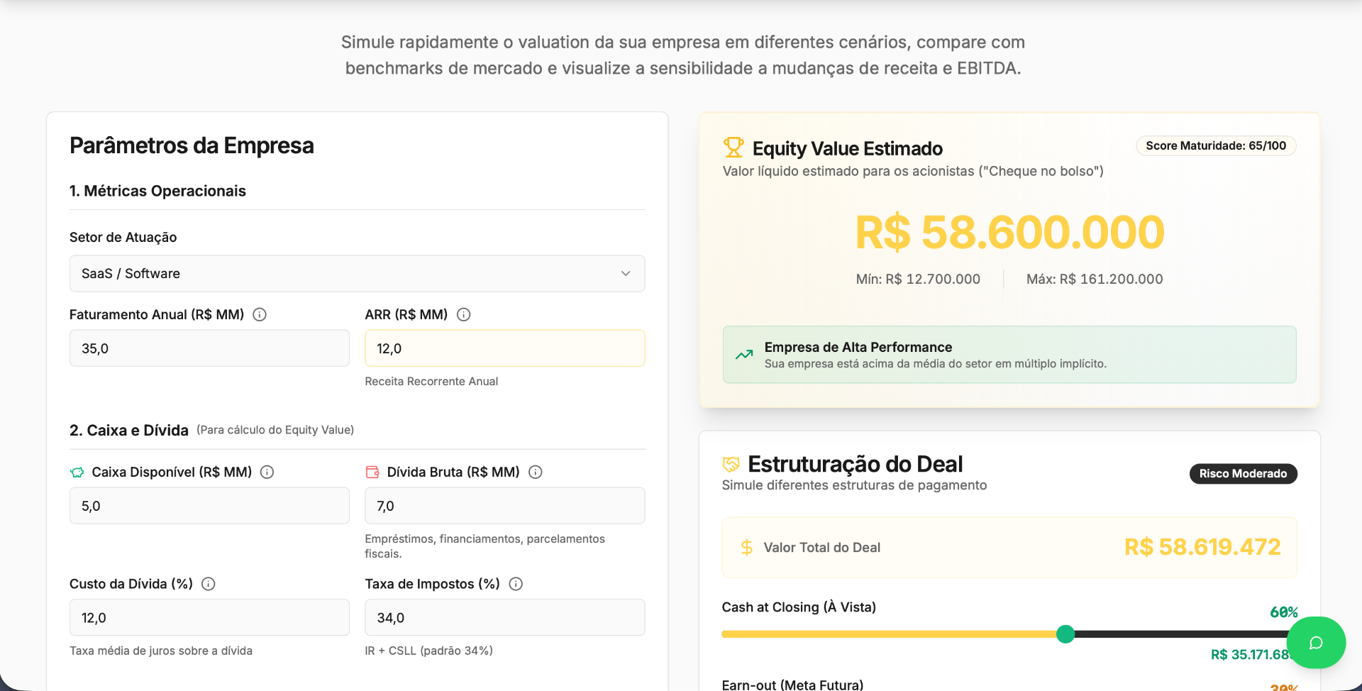 Tela do simulador VT Partners Valuation com dados e estimativa preliminar